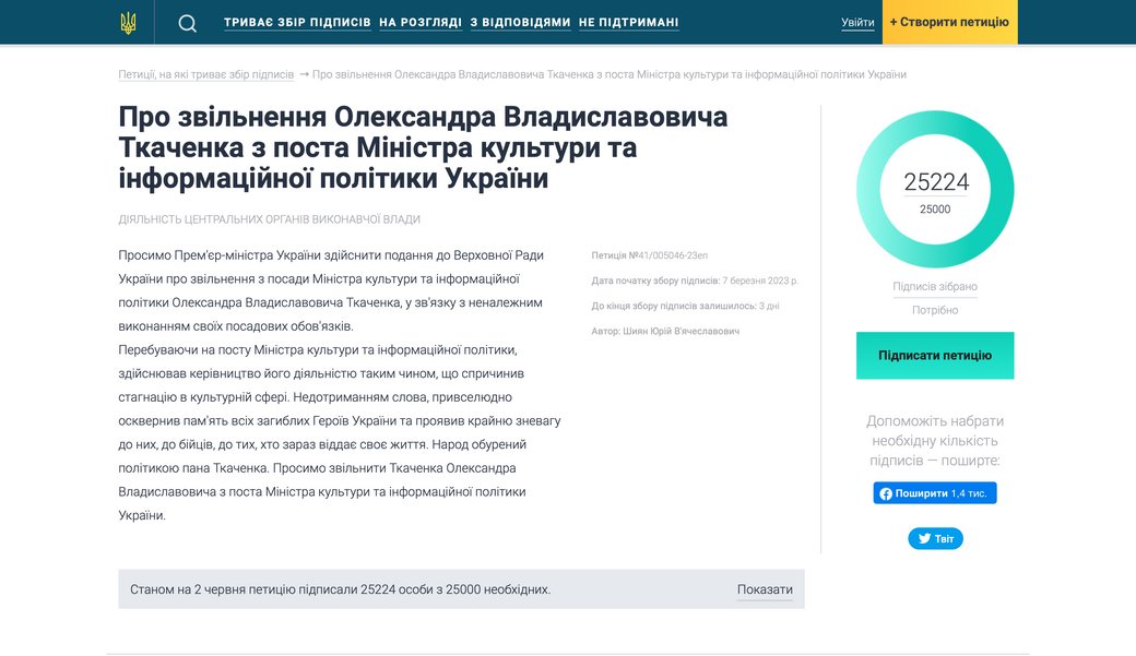 Петиція з вимогою звільнення Ткаченка набрала необхідну кількість голосів