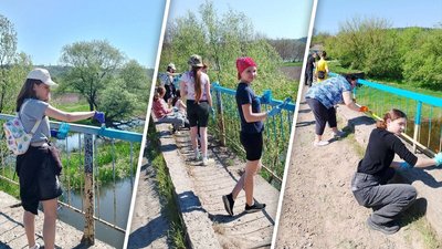 Дві години та понад 15 літрів фарби: на Вінниччині школярі пофарбували міст у національні кольори Дві години та понад 15 літрів фарби: на Вінниччині школярі пофарбували міст у національні кольори