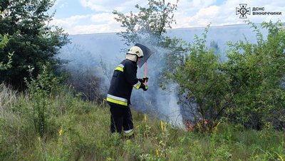 Рятувальник гасить пожежу на відкритій ділянці Рятувальник гасить пожежу на відкритій ділянці