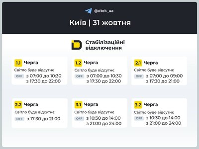 Графіки відключень електроенергії в Києві та Київській області на 31 жовтня