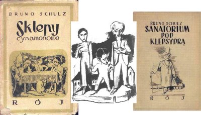 Бруно Шульц Обкладинки збірок "Цинамонові крамниці" (видана 1933) та "Санаторій під клепсидрою" (видана 1937). По центру — ілюстрація з "Цинамонових крамниць" Бруно Шульц Обкладинки збірок "Цинамонові крамниці" (видана 1933) та "Санаторій під клепсидрою" (видана 1937). По центру — ілюстрація з "Цинамонових крамниць"