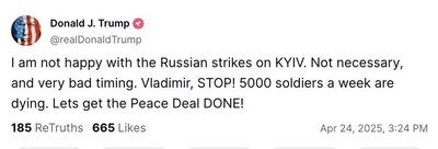 Трамп незадоволений Путіним через російський ракетно-дроновий удар по Києву 24 квітня Трамп незадоволений Путіним через російський ракетно-дроновий удар по Києву 24 квітня