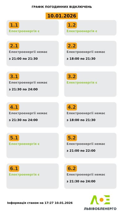 На Львівщині 10 січня будуть діяти графіки відключення електроенергії На Львівщині 10 січня будуть діяти графіки відключення електроенергії