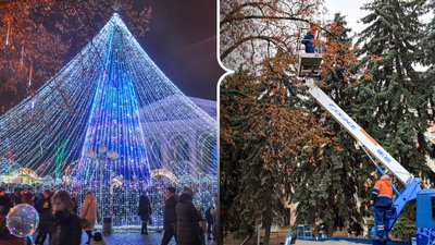 Встановлення новорічної ялинки у центрі Полтави: на якому етапі