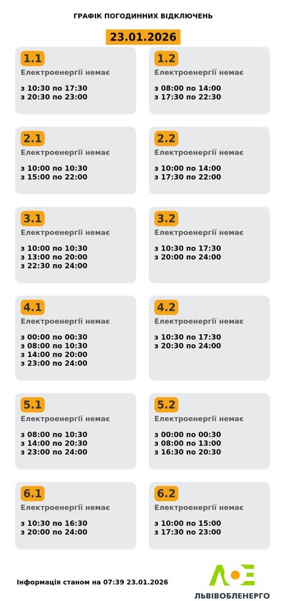 На Львівщині 23 січня будуть діяти графіки погодинного відключення електроенергії На Львівщині 23 січня будуть діяти графіки погодинного відключення електроенергії