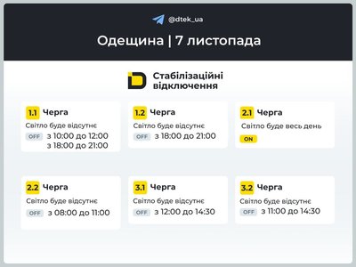 В Одесі та області 7 листопада діятимуть стабілізаційні відключення світла: графіки В Одесі та області 7 листопада діятимуть стабілізаційні відключення світла: графіки
