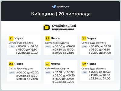 Відключення світла в Києві та області: графіки на 20 листопада Відключення світла в Києві та області: графіки на 20 листопада