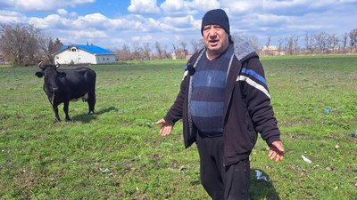 Житель Іллінівки Олег Лисак з коровою Дунею Донецька область Житель Іллінівки Олег Лисак з коровою Дунею Донецька область