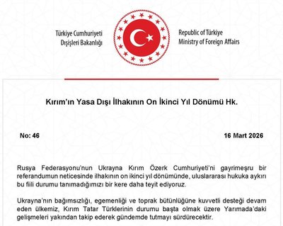Türkiye hatırlattı ki, Qırımnıñ işğali ve sahte referendumnı tanımaz — TİNniñ arizası Türkiye hatırlattı ki, Qırımnıñ işğali ve sahte referendumnı tanımaz — TİNniñ arizası