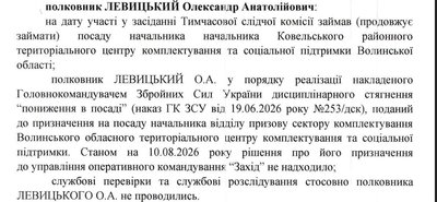 Начальника районного ТЦК та СП на Волині понизили в посаді після участі в засіданнях ТСК Начальника районного ТЦК та СП на Волині понизили в посаді після участі в засіданнях ТСК