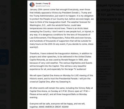 Пост Дональда Трампа щодо інавгурації, оприлюднений у Truth Social Пост Дональда Трампа щодо інавгурації, оприлюднений у Truth Social