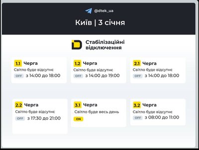 Грфіки відключень на 3 січня: коли буде світло в Києві та в області Грфіки відключень на 3 січня: коли буде світло в Києві та в області