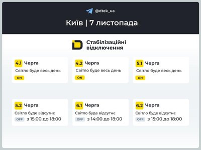 У Києві та області 7 листопада діятимуть графіки відключень: коли вимикатимуть світло У Києві та області 7 листопада діятимуть графіки відключень: коли вимикатимуть світло