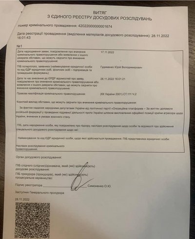 Витяг з Єдиного реєстру досудових розслідувань Витяг з Єдиного реєстру досудових розслідувань