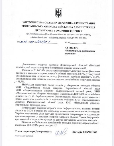 У яких лікарнях Житомирщини бракує фахівців — відповідь на запит Суспільного У яких лікарнях Житомирщини бракує фахівців — відповідь на запит Суспільного