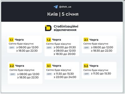 Вимкнення світла 5 січня: з'явилися графіки для столиці та Київської області Вимкнення світла 5 січня: з'явилися графіки для столиці та Київської області