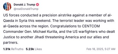 Трамп заявив про ліквідацію одного з лідерів "Аль-Каїди" в Сирії Трамп заявив про ліквідацію одного з лідерів "Аль-Каїди" в Сирії