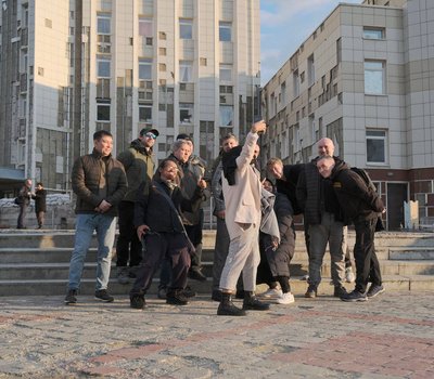 The group of foreign journalists take photos near the destroyed city hall in temporarily occupied Energodar The group of foreign journalists take photos near the destroyed city hall in temporarily occupied Energodar