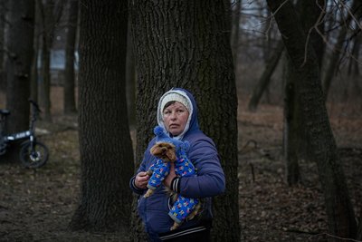 Жінка з собакою біля пошкодженої "шахедом" багатоповерхівки у Чернігові 15 березня 2025 року