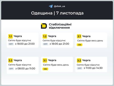 В Одесі та області 7 листопада діятимуть стабілізаційні відключення світла: графіки В Одесі та області 7 листопада діятимуть стабілізаційні відключення світла: графіки