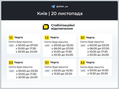 Відключення світла в Києві та області: графіки на 20 листопада Відключення світла в Києві та області: графіки на 20 листопада