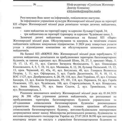 Дитячі майданчики в Житомирі: хто має їх утримувати і ремонтувати — відповідь на запит Суспільного Дитячі майданчики в Житомирі: хто має їх утримувати і ремонтувати — відповідь на запит Суспільного