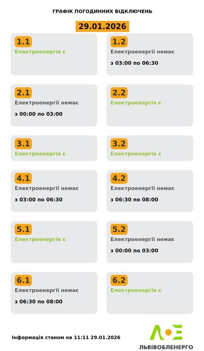 На Львівщині 29 січня будуть діяти графіки погодинного відключення електроенергії На Львівщині 29 січня будуть діяти графіки погодинного відключення електроенергії