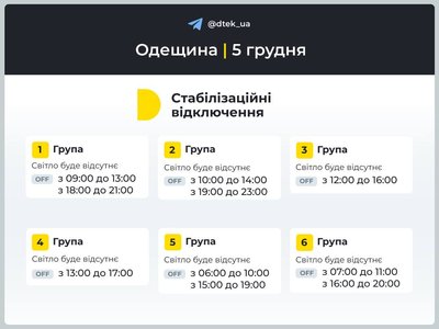 На Одещині 5 грудня діятимуть стабілізаційні відключення світла: графік На Одещині 5 грудня діятимуть стабілізаційні відключення світла: графік
