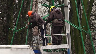 Працівники встановлюють ялинку Працівники встановлюють ялинку