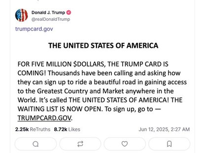Трамп запустив сайт для реєстрації на імміграційну "золоту картку" за $5 млн Трамп запустив сайт для реєстрації на імміграційну "золоту картку" за $5 млн