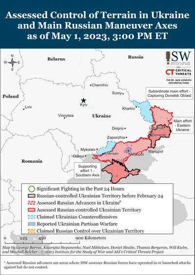 Карта бойових дій в Україні від ISW станом на 1 травня 2023 року Карта бойових дій в Україні від ISW станом на 1 травня 2023 року