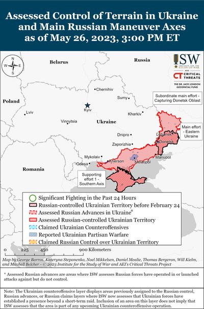 карта бойових дій на війні в Україні від ISW за 26 травня 2023 року карта бойових дій на війні в Україні від ISW за 26 травня 2023 року