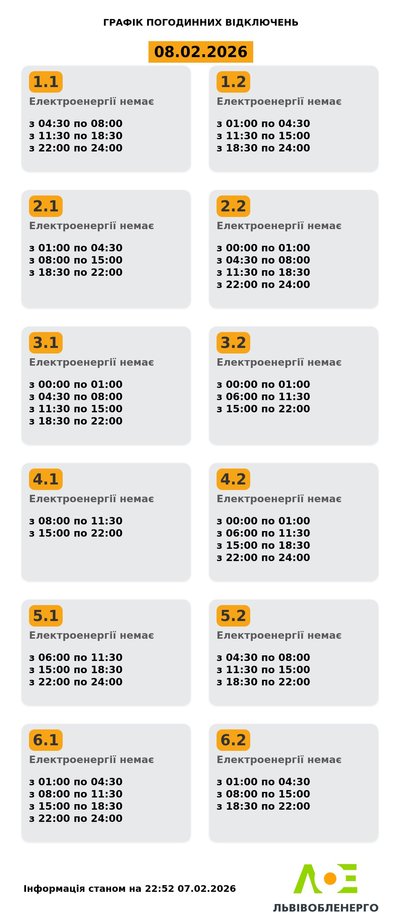 На Львівщині 8 лютого будуть діяти графіки погодинного відключення електроенергії На Львівщині 8 лютого будуть діяти графіки погодинного відключення електроенергії