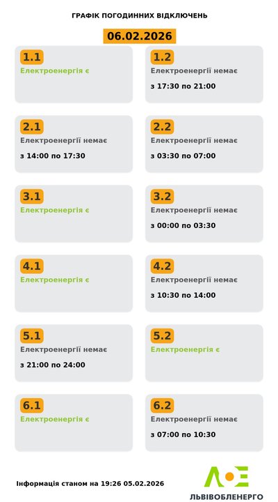 На Львівщині 6 лютого будуть діяти графіки погодинного відключення електроенергії На Львівщині 6 лютого будуть діяти графіки погодинного відключення електроенергії