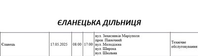 Графік відключення світла по адресах 17 травня, Єланецька дільниця Графік відключення світла по адресах 17 травня, Єланецька дільниця