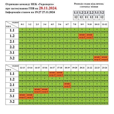 Графік погодинного вимкнення електроенергії на Львівщині 28 листопада Графік погодинного вимкнення електроенергії на Львівщині 28 листопада