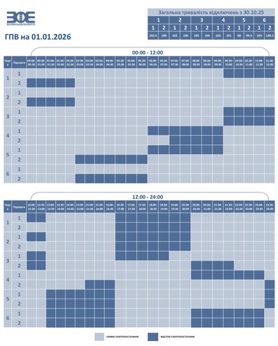 Графік відключення світла на Волині 1 січня 2026 року Графік відключення світла на Волині 1 січня 2026 року