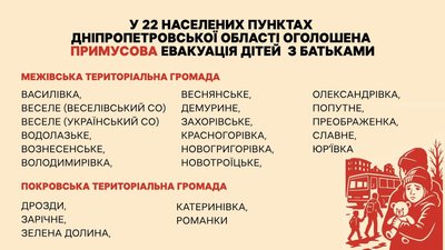 У 22 населених пунктах Дніпропетровщини оголосили примусову евакуацію дітей: перелік У 22 населених пунктах Дніпропетровщини оголосили примусову евакуацію дітей: перелік