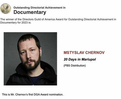 Режисер фільму "20 днів у Маріуполі" Мстислав Чернов отримав премію Гільдії режисерів США Режисер фільму "20 днів у Маріуполі" Мстислав Чернов отримав премію Гільдії режисерів США