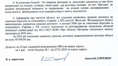 Майже шість мільйонів гривень матеріальної допомоги отримали жителі Житомирщини у 2024 році Майже шість мільйонів гривень матеріальної допомоги отримали жителі Житомирщини у 2024 році