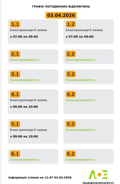 На Львівщині 3 квітня запровадили графіки погодинного відключення електроенергії На Львівщині 3 квітня запровадили графіки погодинного відключення електроенергії