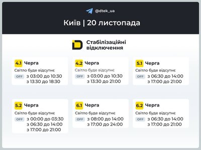 Відключення світла в Києві та області: графіки на 20 листопада Відключення світла в Києві та області: графіки на 20 листопада