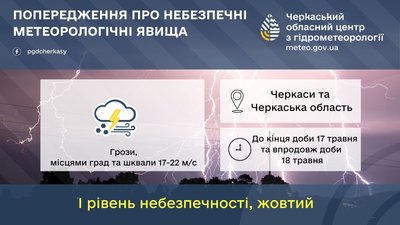 Грози, град та шквальний вітер: черкащан попереджають про погіршення погодних умов Грози, град та шквальний вітер: черкащан попереджають про погіршення погодних умов