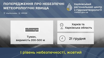 На Харківщині на 21 грудня оголосили штормове попередження: можливий туман На Харківщині на 21 грудня оголосили штормове попередження: можливий туман