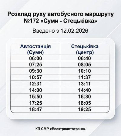 Маршрут №172 "Суми – Стецьківка" з 12 лютого працюватиме за постійним розкладом Маршрут №172 "Суми – Стецьківка" з 12 лютого працюватиме за постійним розкладом