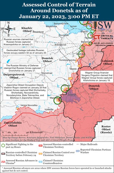 Карта боїв на Донбасі станом на 22 січня 2023 року