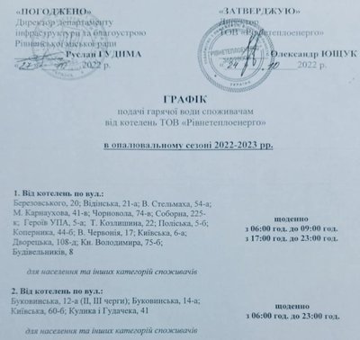 Рівнетеплоенерго оприлюднило графік подачі гарячої води Рівнетеплоенерго оприлюднило графік подачі гарячої води