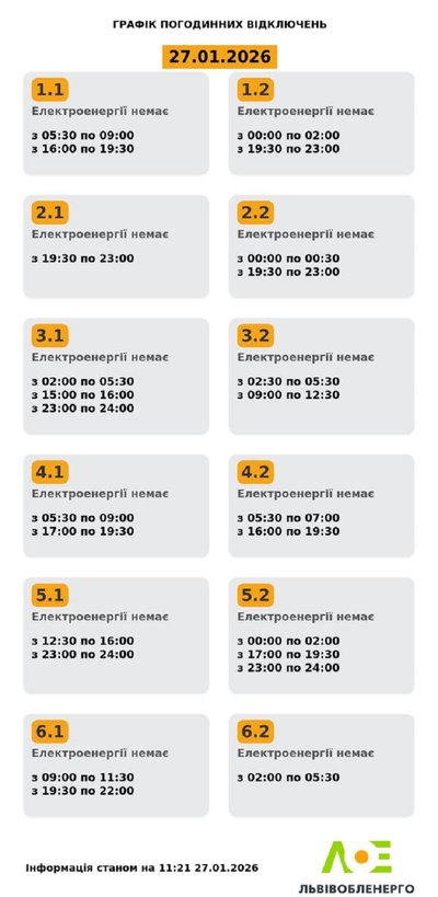 На Львівщині 27 січня будуть діяти графіки погодинного відключення електроенергії На Львівщині 27 січня будуть діяти графіки погодинного відключення електроенергії