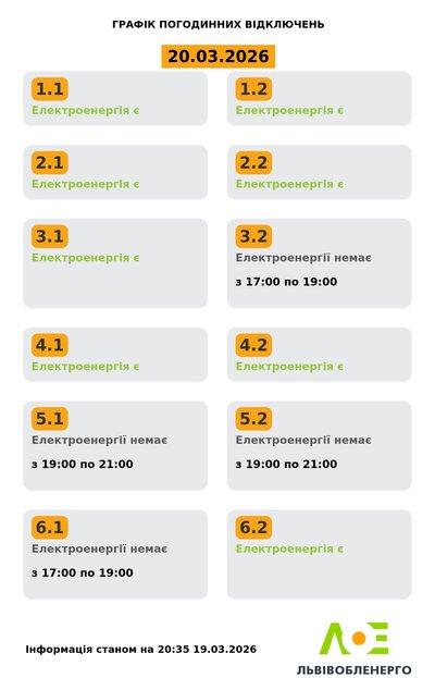 На Львівщині 20 березня запровадили графіки погодинного відключення електроенергії На Львівщині 20 березня запровадили графіки погодинного відключення електроенергії