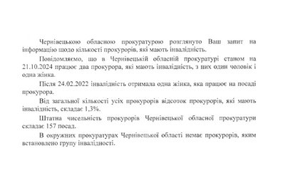 Стало відомо, скільки прокурорів Чернівецької області мають інвалідність Стало відомо, скільки прокурорів Чернівецької області мають інвалідність